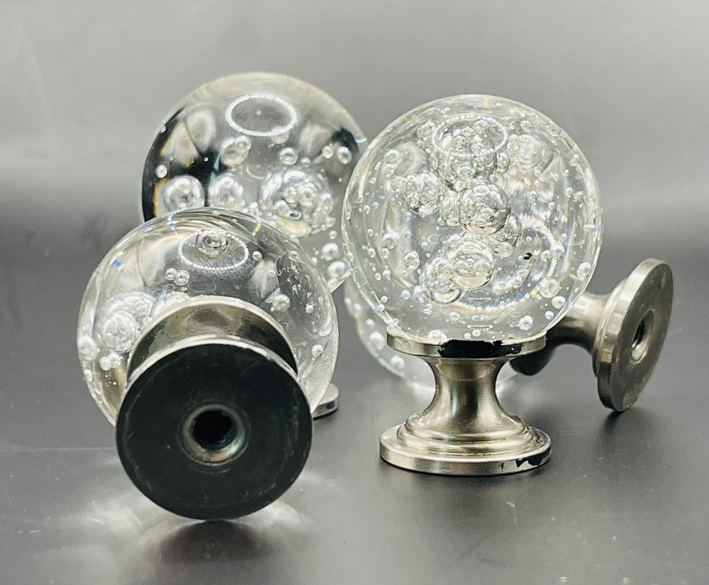Lot Of 4 Bubble Art Glass Silver Tone Cabinet Drawer Pull Knobs
