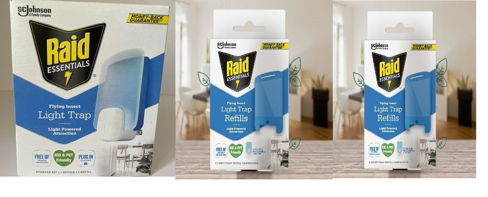 Raid Essentials Flying Insect Light Trap Starter kit + 4 Extra Refills NEW
