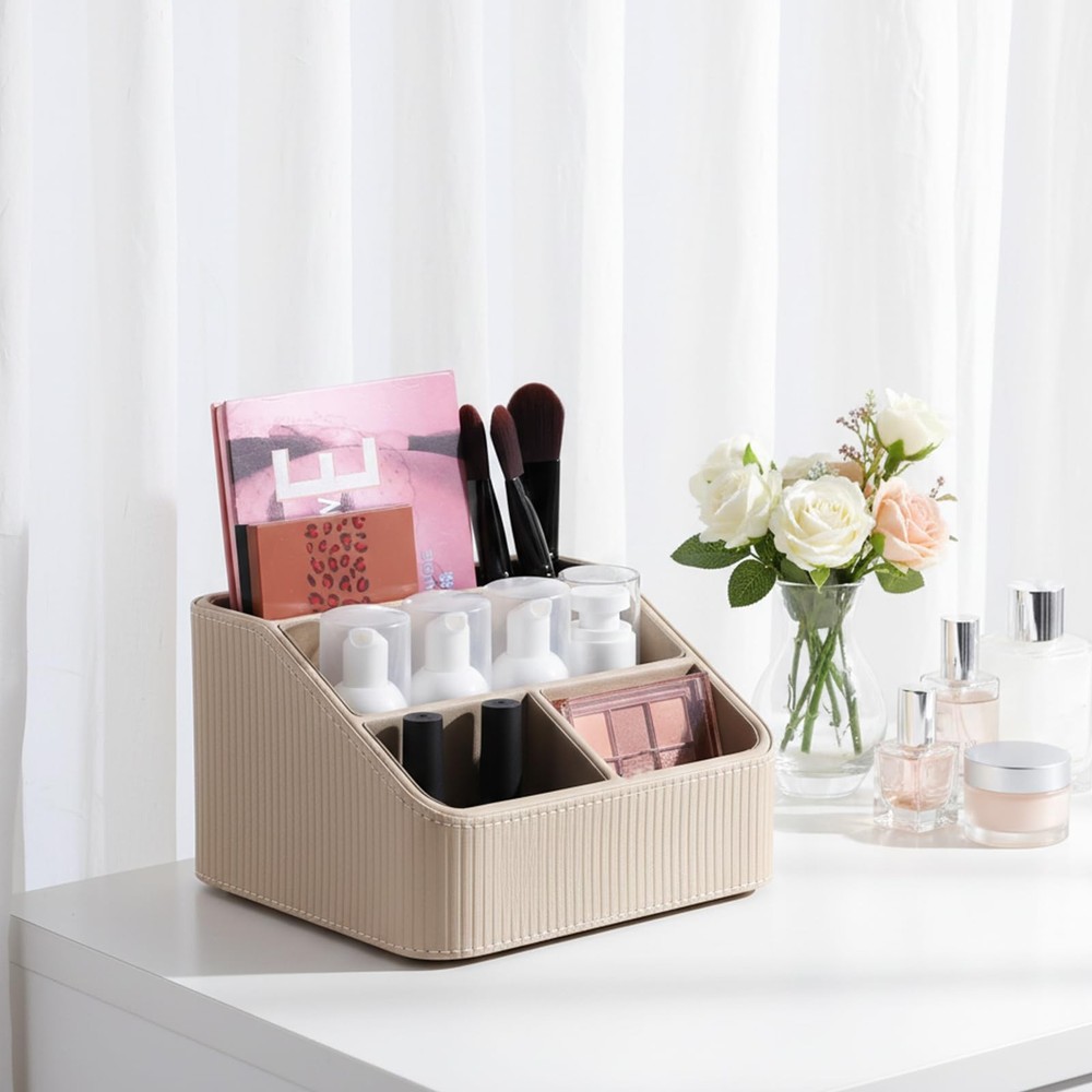 Kenaeeooe Remote Control Holder, Small Desk Organizer with 4 Compartments, Pu...