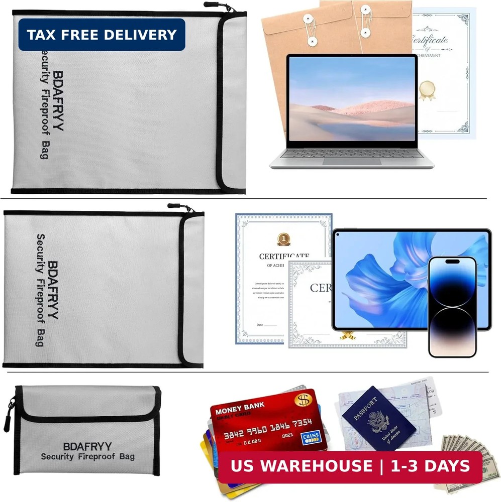 3 Pcs Fireproof Waterproof Money Important Document Bag(2000?),Fire Proof Bag fo