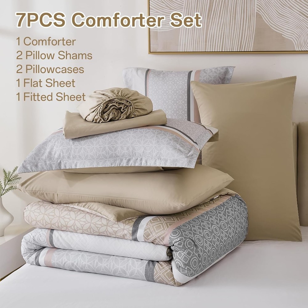 Beige Comforter Set Queen Size 7 Pieces Striped Bed in a Bag Comforter & Sheet