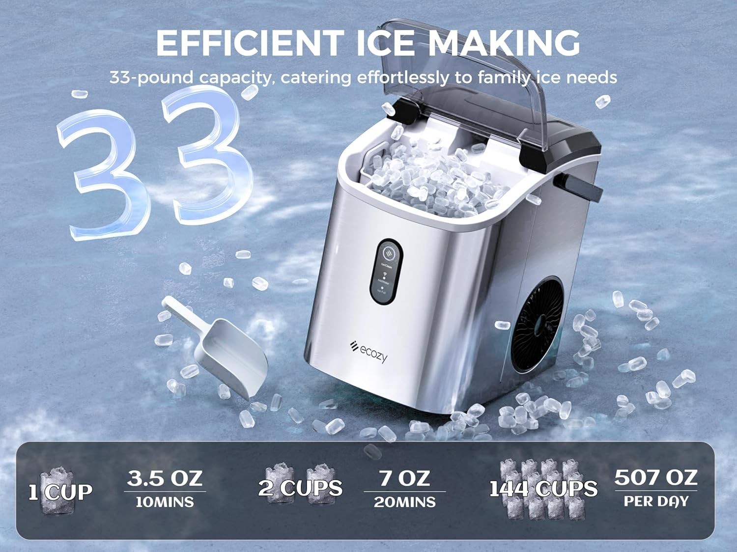 Nugget Ice Maker 33 lbs/24H Crushed Pellet Ice Cubes Ice Machine for Kitchen/Bar
