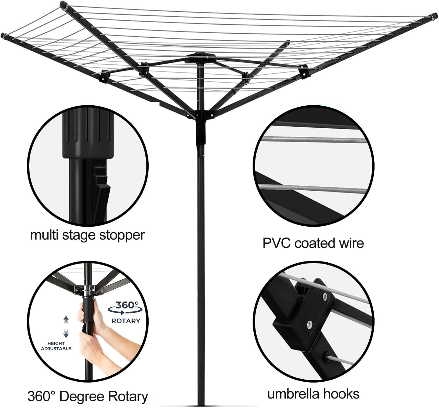 Umbrella Clothesline Outdoor Adjustable Height Drying Rack 4 Arms 12 Lines 165FT