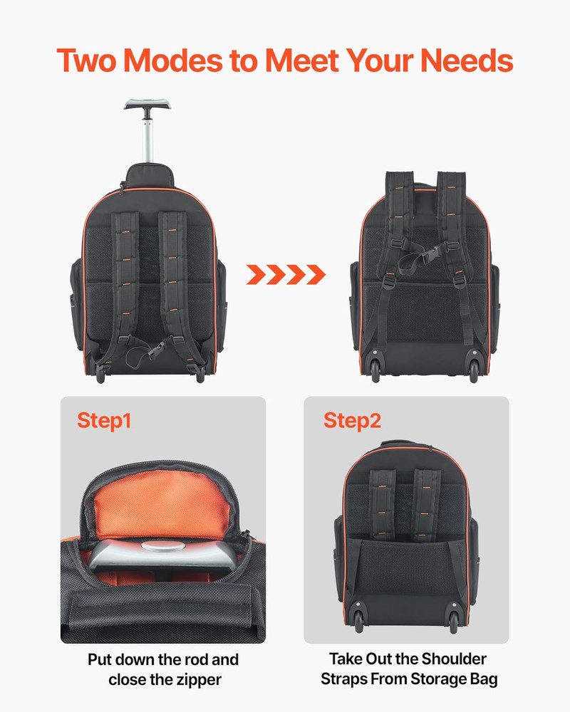 Rolling Tool Backpack, 110 Lbs Load Capacity, 72 Pockets Heavy Duty Roller Tool
