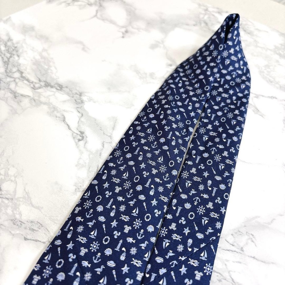 HERMES Tie Full Marine Monogram Pattern Navy Blue