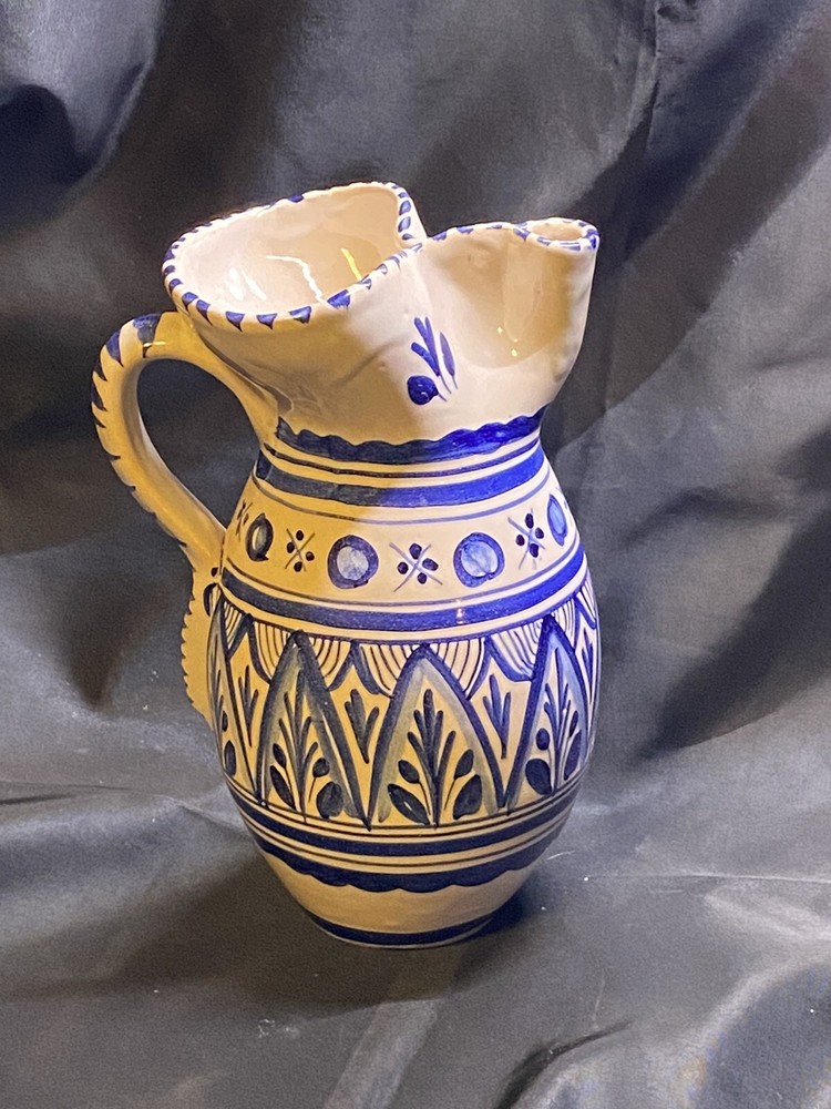 VINTAGE 8” SANGRIA PITCHER BLUE & WHITE SIGNED