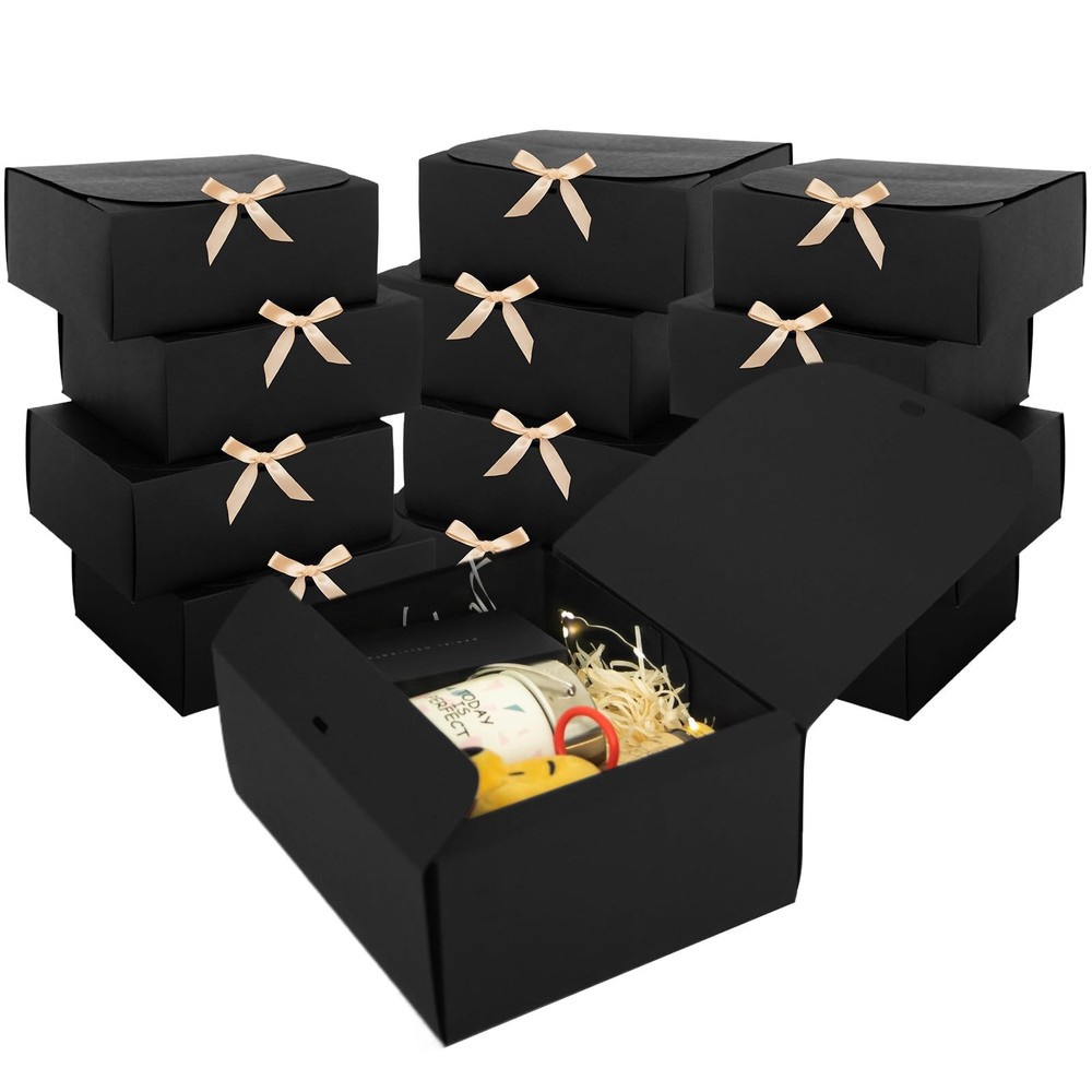 12 PCS 8x8x4 Inch Black Gift Boxes With Lids Bulk Bridesmaid Proposal Ribbon