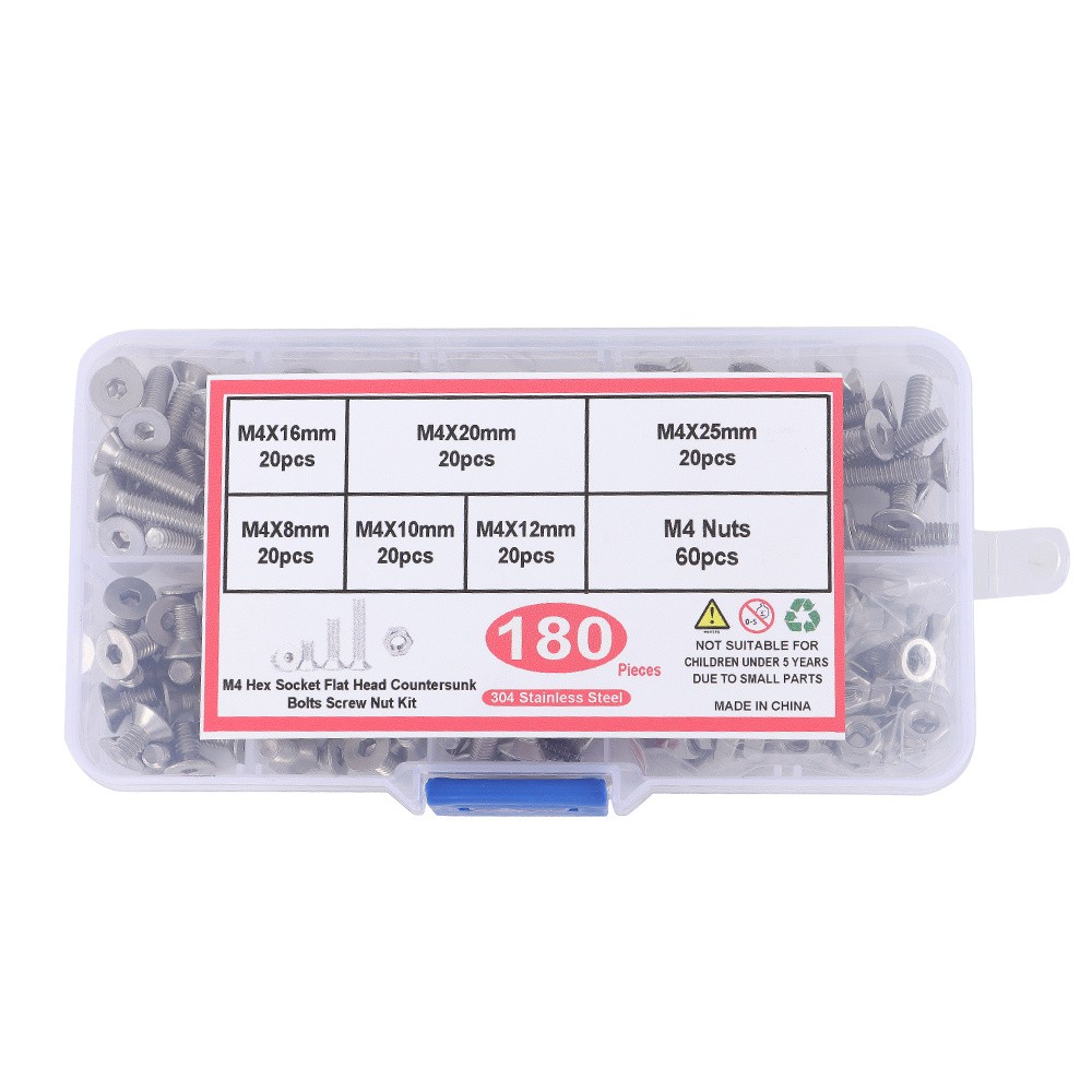 Metric M4 Hex Socket Flat Head Countersunk Bolts Screw Nut Assortment Kit 180Pcs