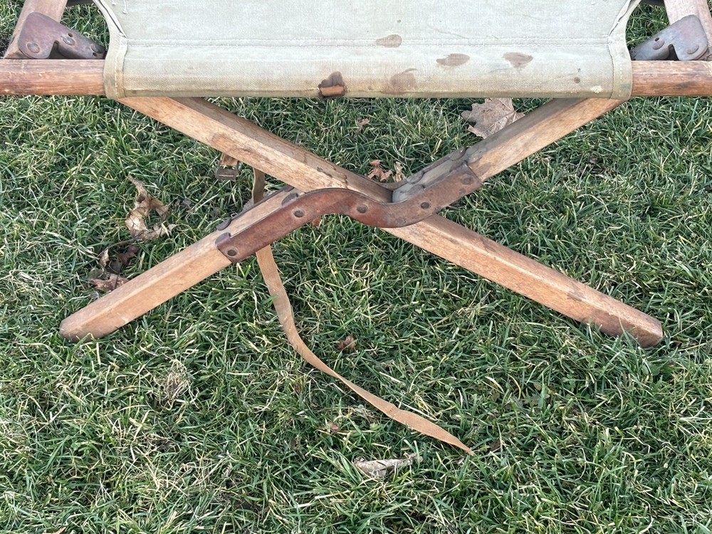 WW2 Era Folding Cot US Army Military Field Bed Canvas Wood Prop Display Stained