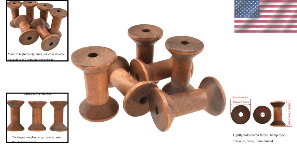6PC Natural Birch Wood Spools - Elegant 2Inch Light Brown Craft Thread Holders
