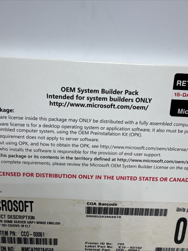 Microsoft Windows Home Server OEM System Builder Pack Made USA X10-63162 Sealed