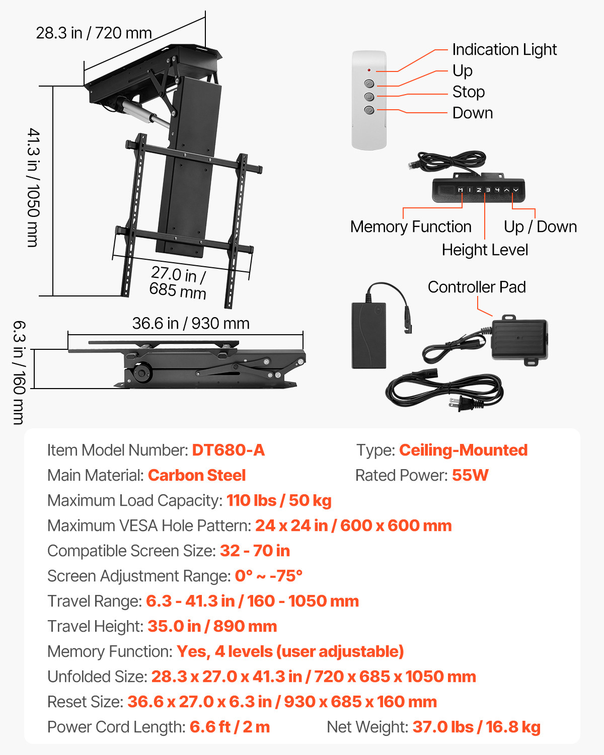 Motorized Ceiling TV Mount Electric Flip Down TV Mount for 32-70 in Screen