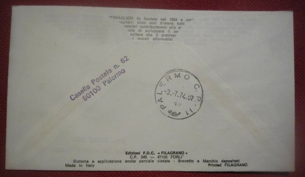 FDC FILAGRANO - ASS. BERSAGLIERI - 1974