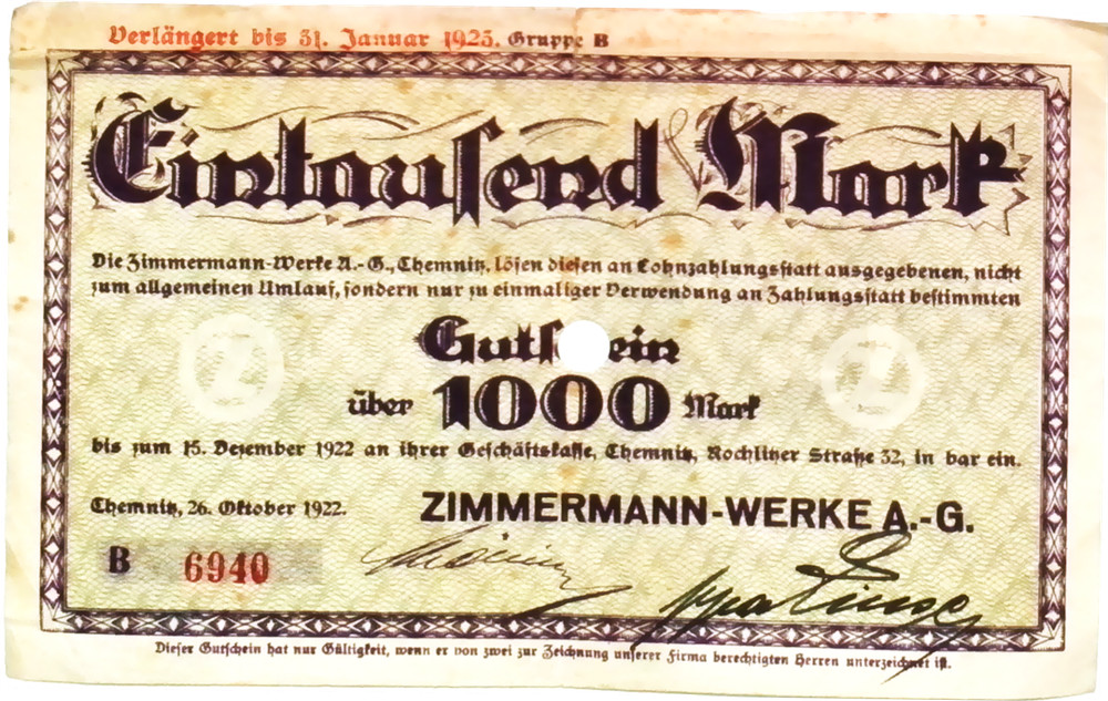 1922 Germany CHEMNITZ 1.000 Mark Banknote