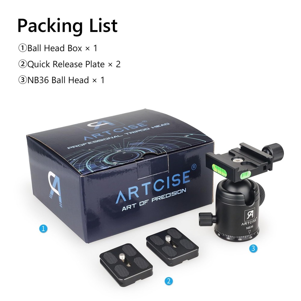 ARTCISE Tripod Ball Head Camera Mount 36mm Diameter Black