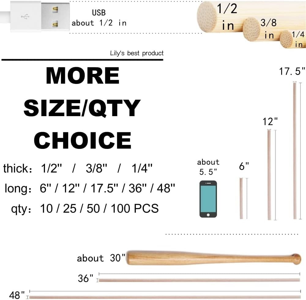 High-Quality Bamboo Dowel Rods - 25PCS Assortment for Crafting & STEM Activities