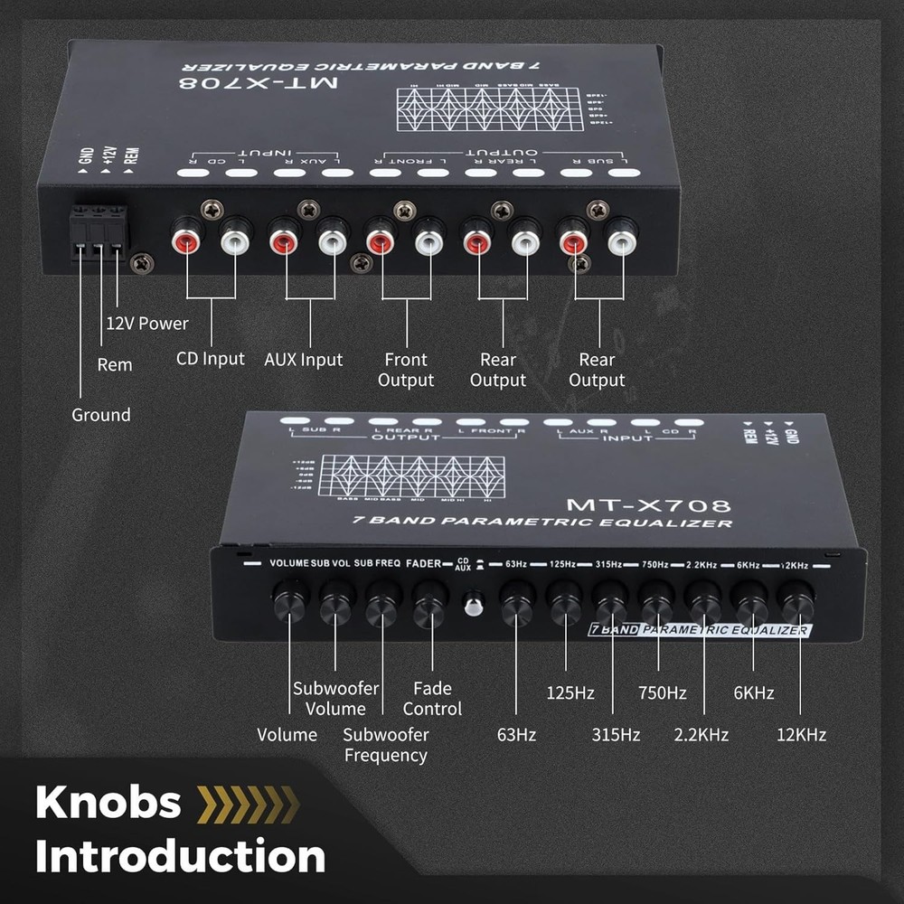 7-Band Car Audio Equalizer with Subwoofer Outputs, Adjustable Dials, Compact ...