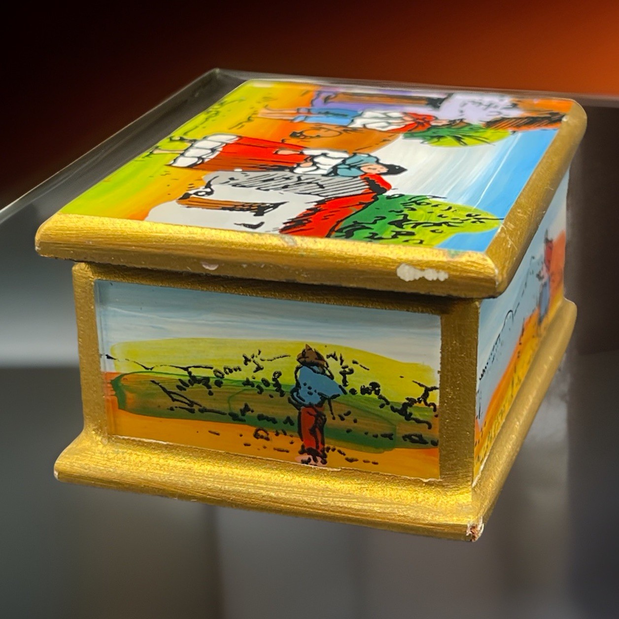 Peru Folk ART Peruvian Village Reverse Glass Painting Wooden Mini Trinket Box