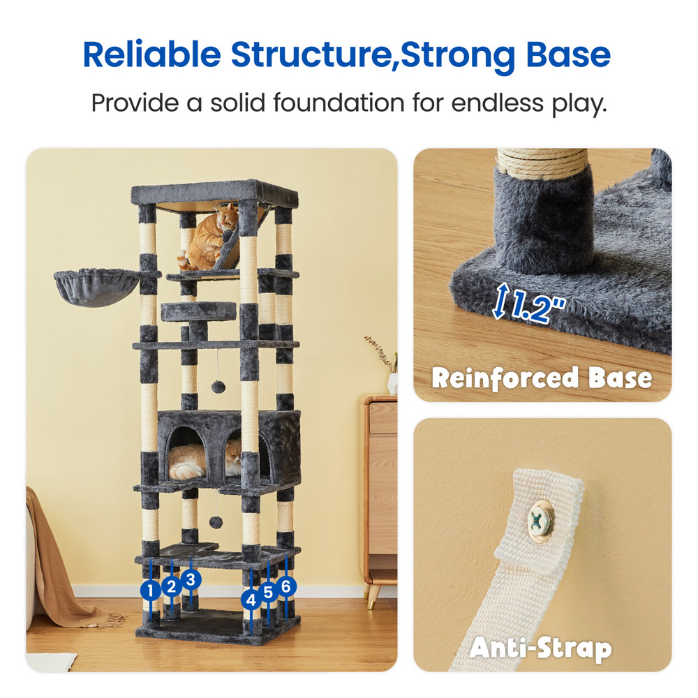 74.8'' Cat Tree Cat Tower Activity Center with Scratching Post Condo, Dark Grey