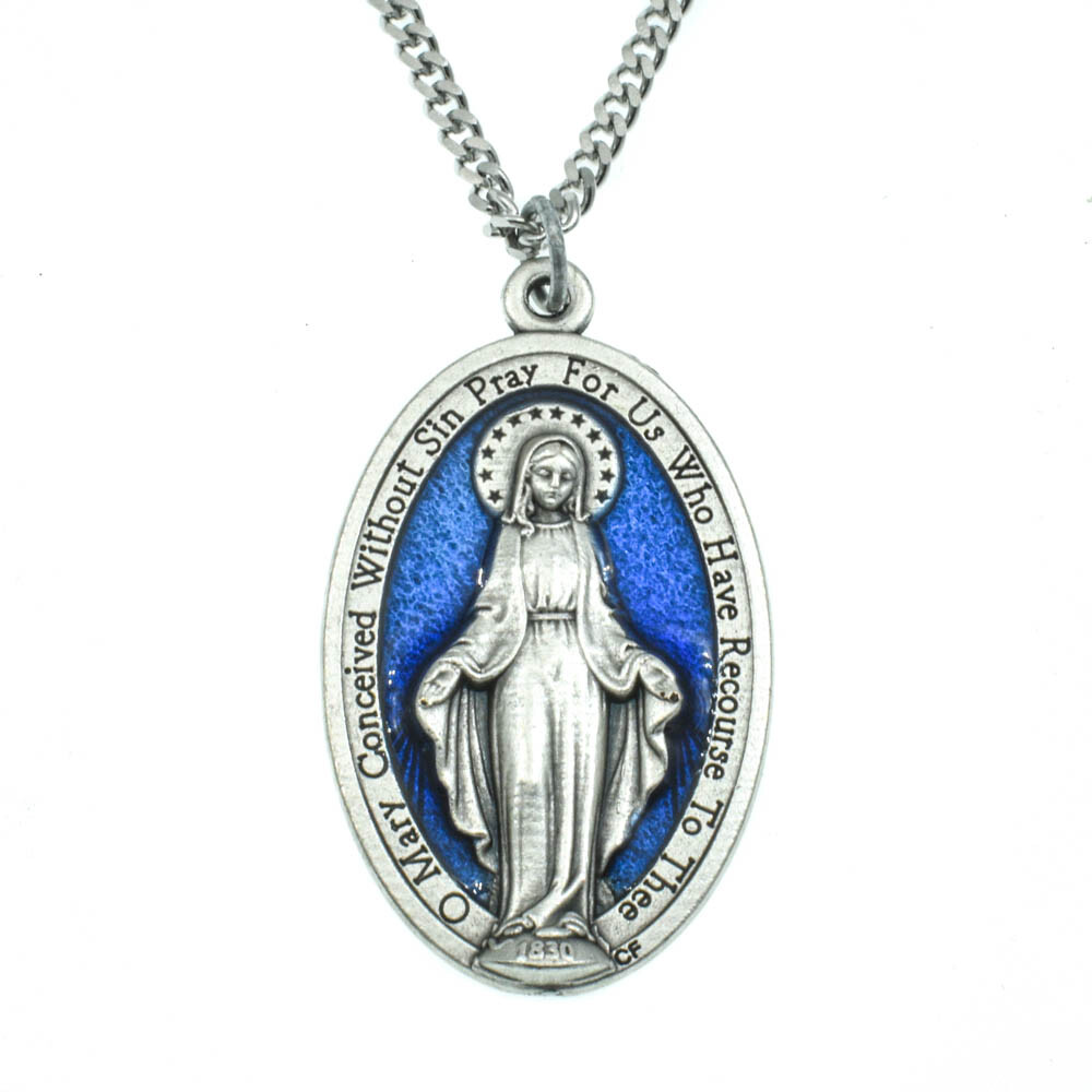 Large 1 3/4" Blue Miraculous Medal Mary Pendant Necklace Italy w 24" Curb Chain