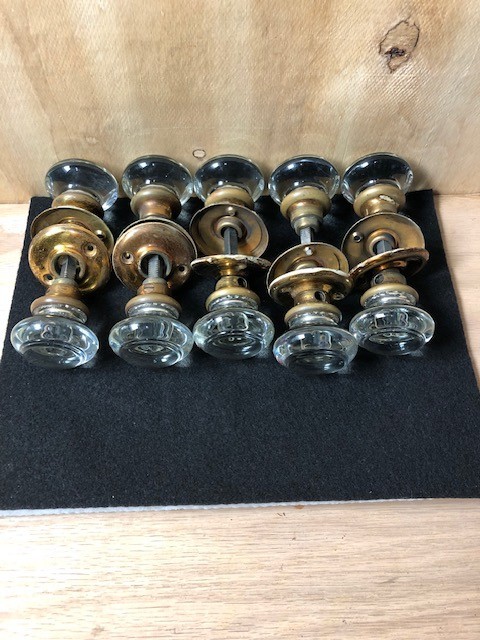 Antique Glass Rosette Door Knobs w/ Brass Hardware - 5 sets