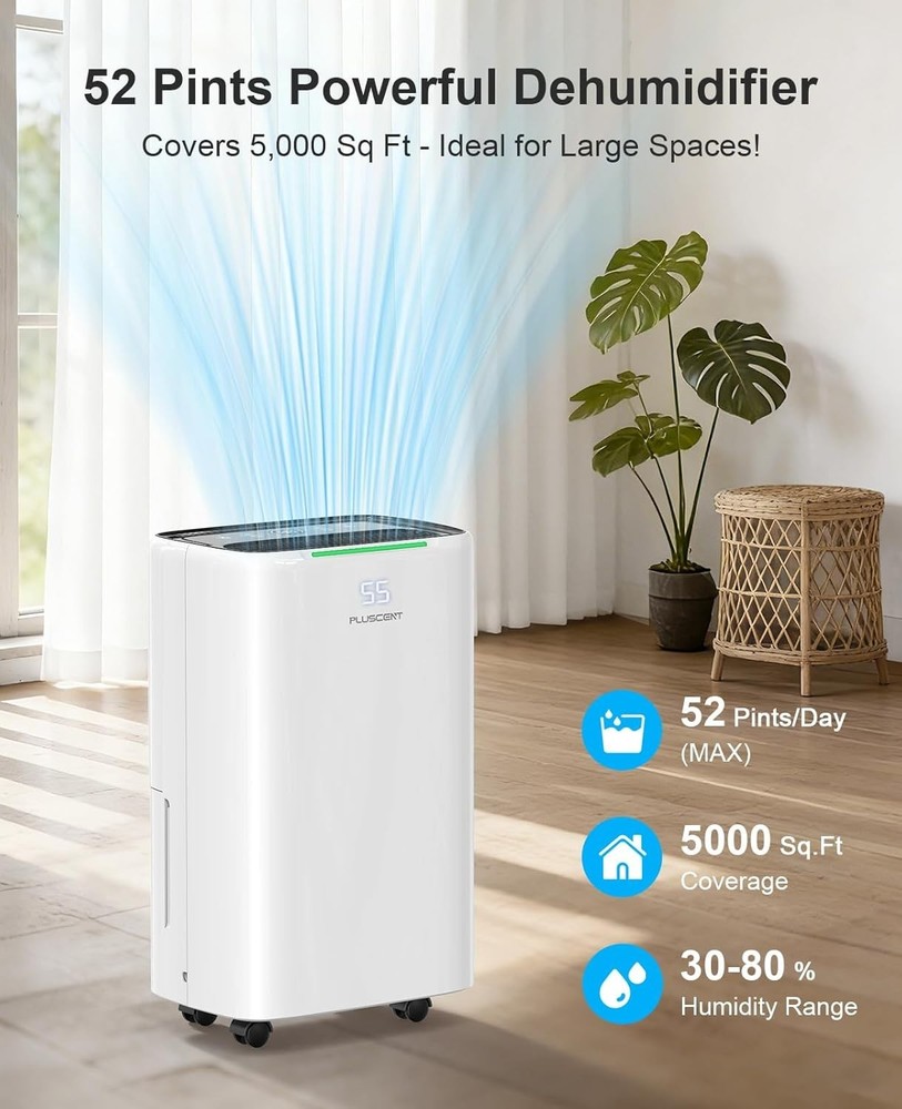 PLUSCENT 5000 Sq.Ft Dehumidifiers for Home, 52 Pints Compressor Dehumidifier