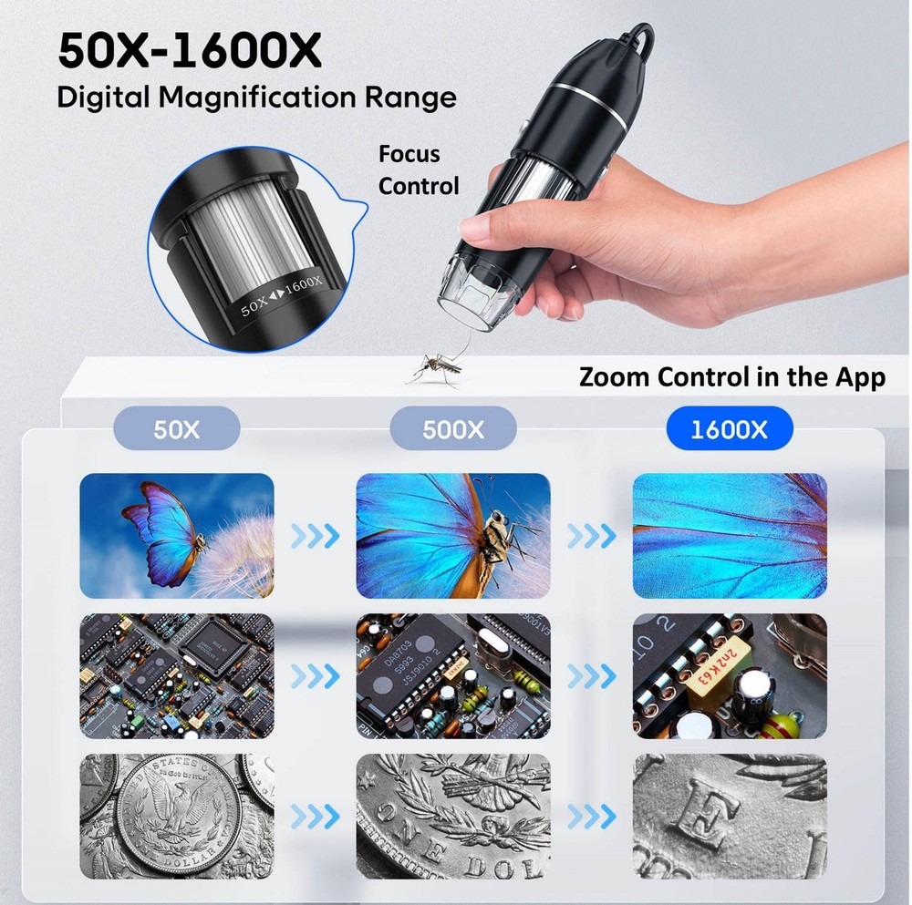 USB Digital Microscope, 50x-1600x Magnification Handheld, No Stand, Black