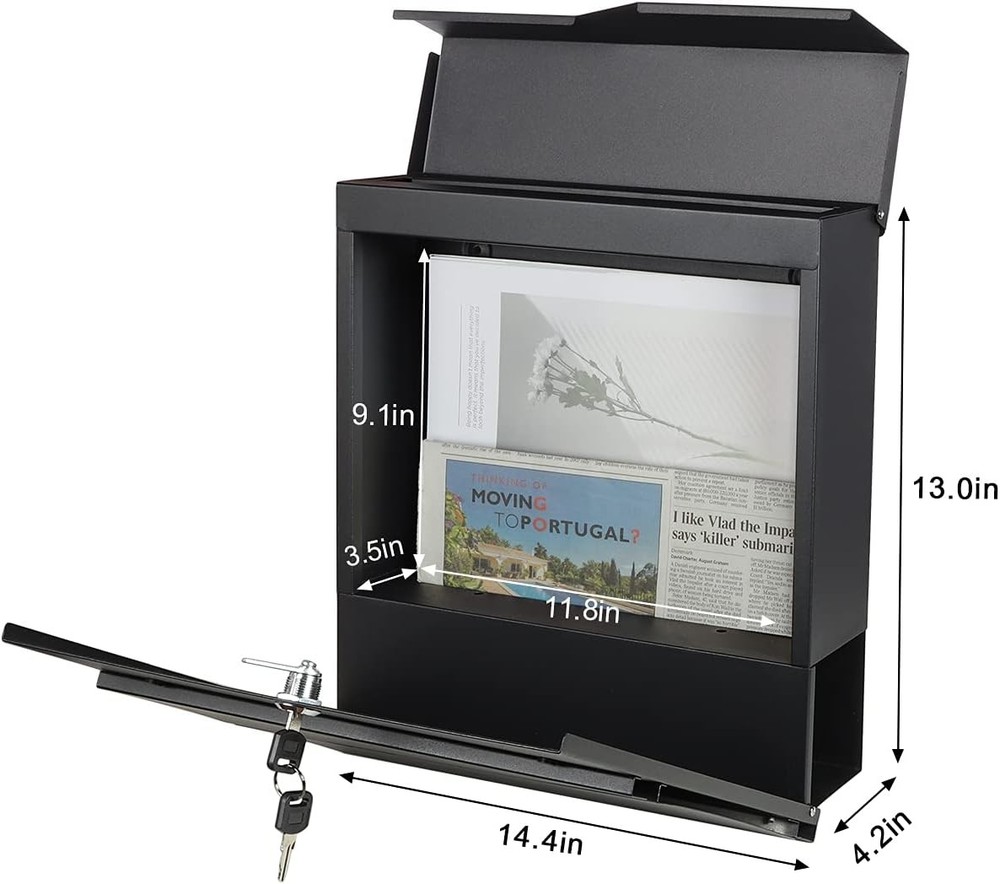 Large Mailbox Wall Mount with Lock, Modern Mailboxes for Outside, Black, 14.4"