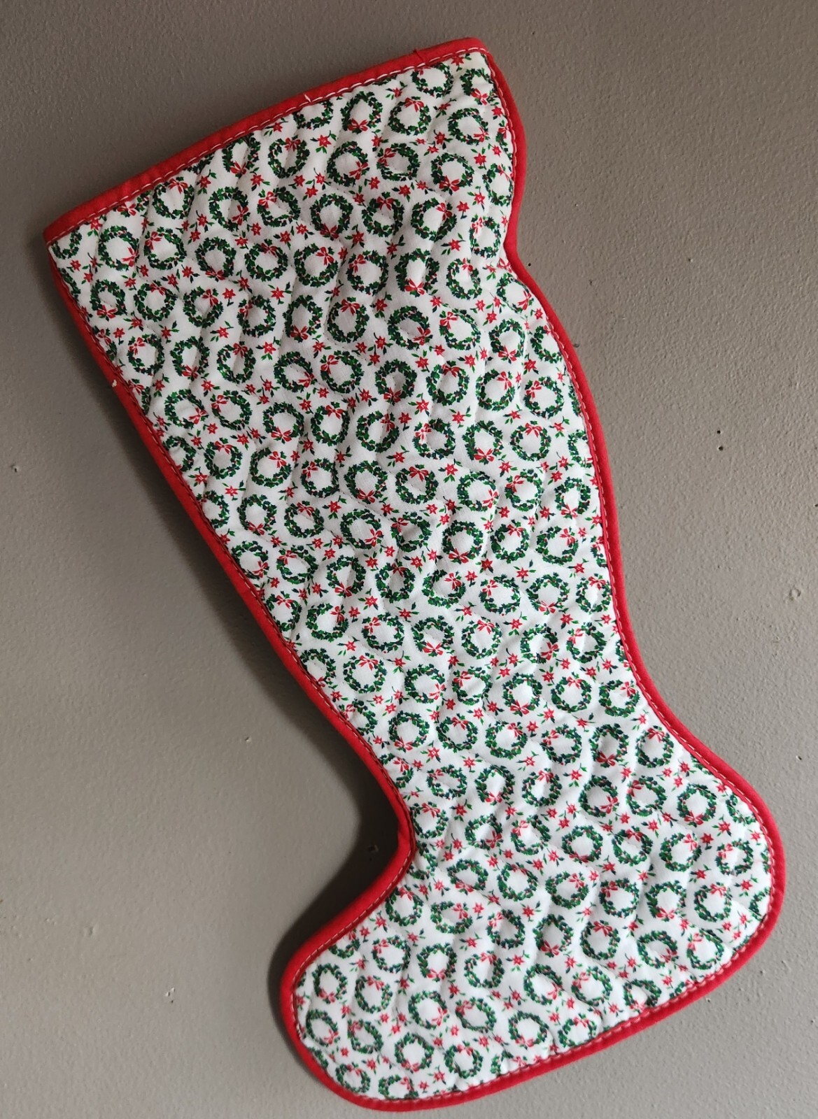 Christmas Stocking White with Green Wreaths & Red Poinsettia Pattern