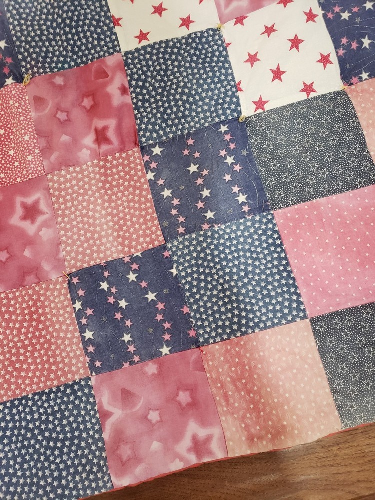 VTG Patchwork Quilt Table Topper Nine Patch Red White Blue Americana Handmade