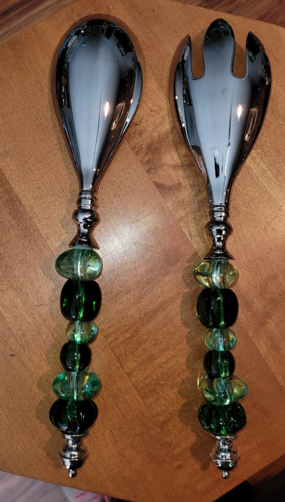 Silver Tone Salad Serving Spoon/Fork with Green Beaded Handles