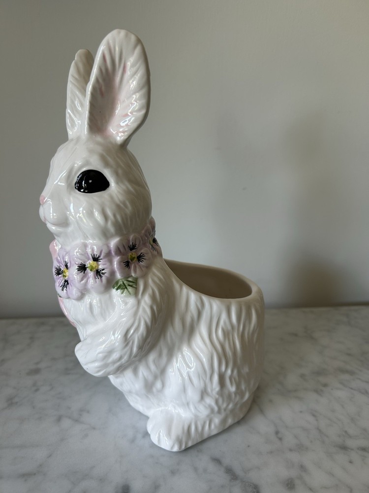 Ceramic Rabbit Planter White with Pink Bow & Purple Floral Design Easter