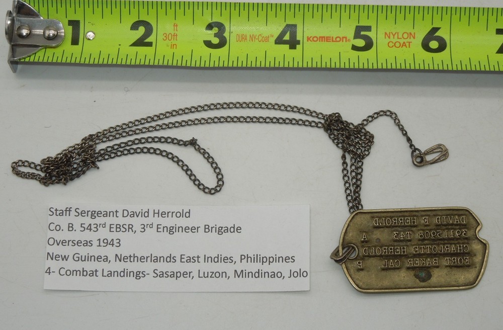 Original WWII US Army Pacific B 543rd ESBR Engineer Brigade Dog Tag J Hook DTA3