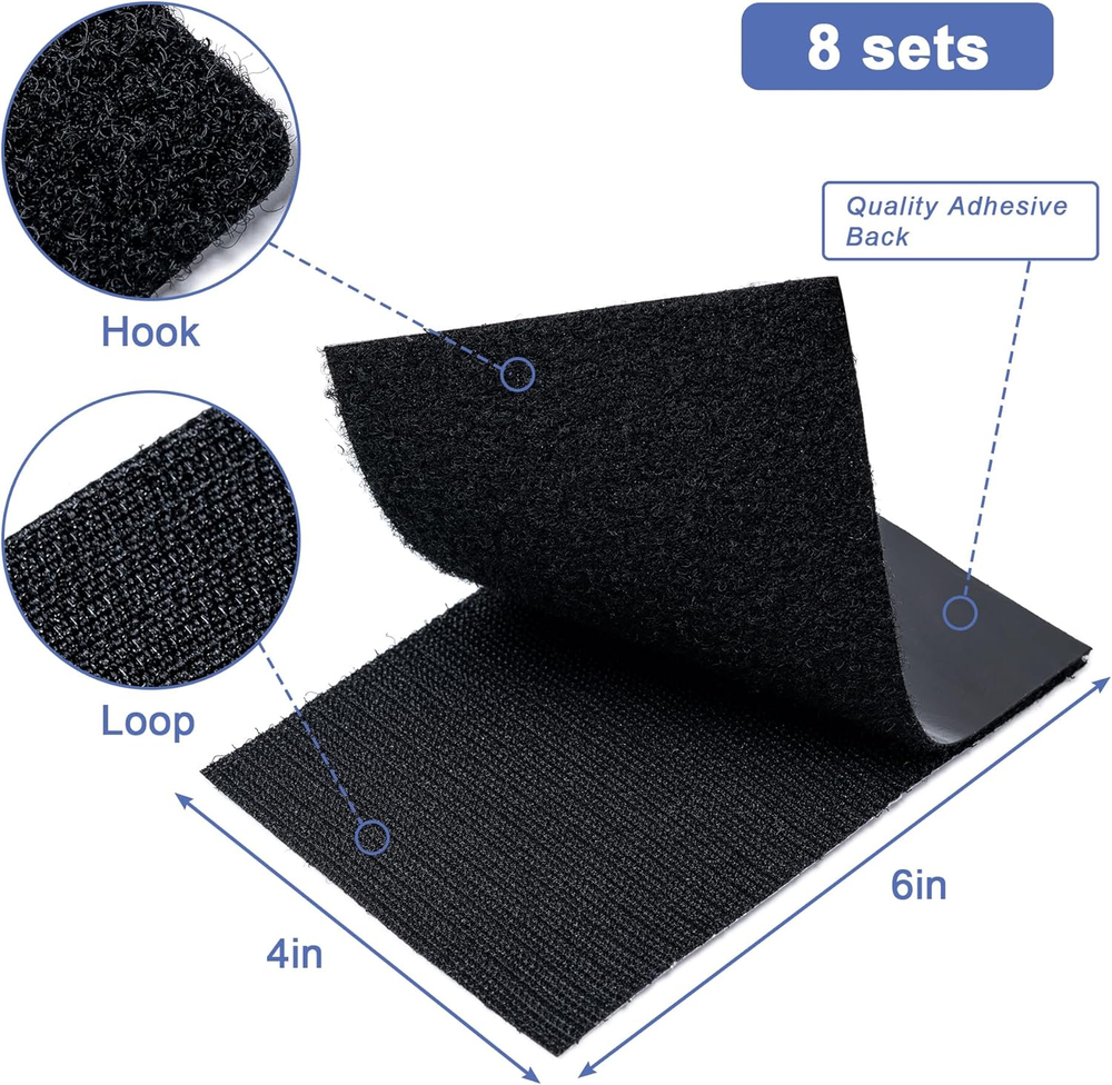 8 Sets Heavy Duty Hook & Loop Adhesive Strips: Sticky Back Fastener 4X6 " Black