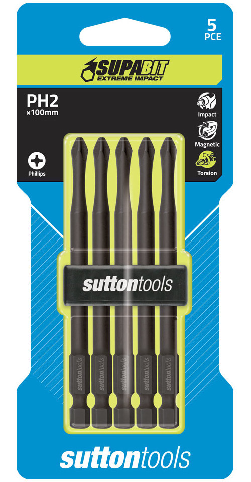 5 x SUTTON IMPACT PHILLIPS HEAD PH2 x 100mm POWER INSERT BITS FOR IMPACT DRIVERS