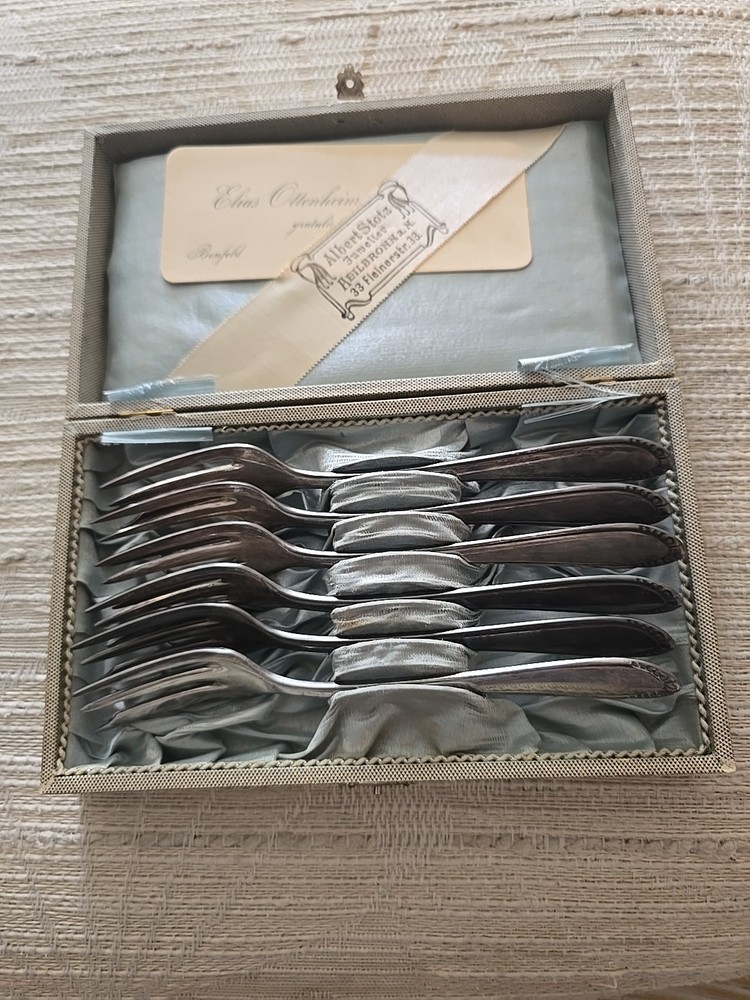 Antique German Silver 100 Hallmarked Airplane On Back Each Fork + Satin Case