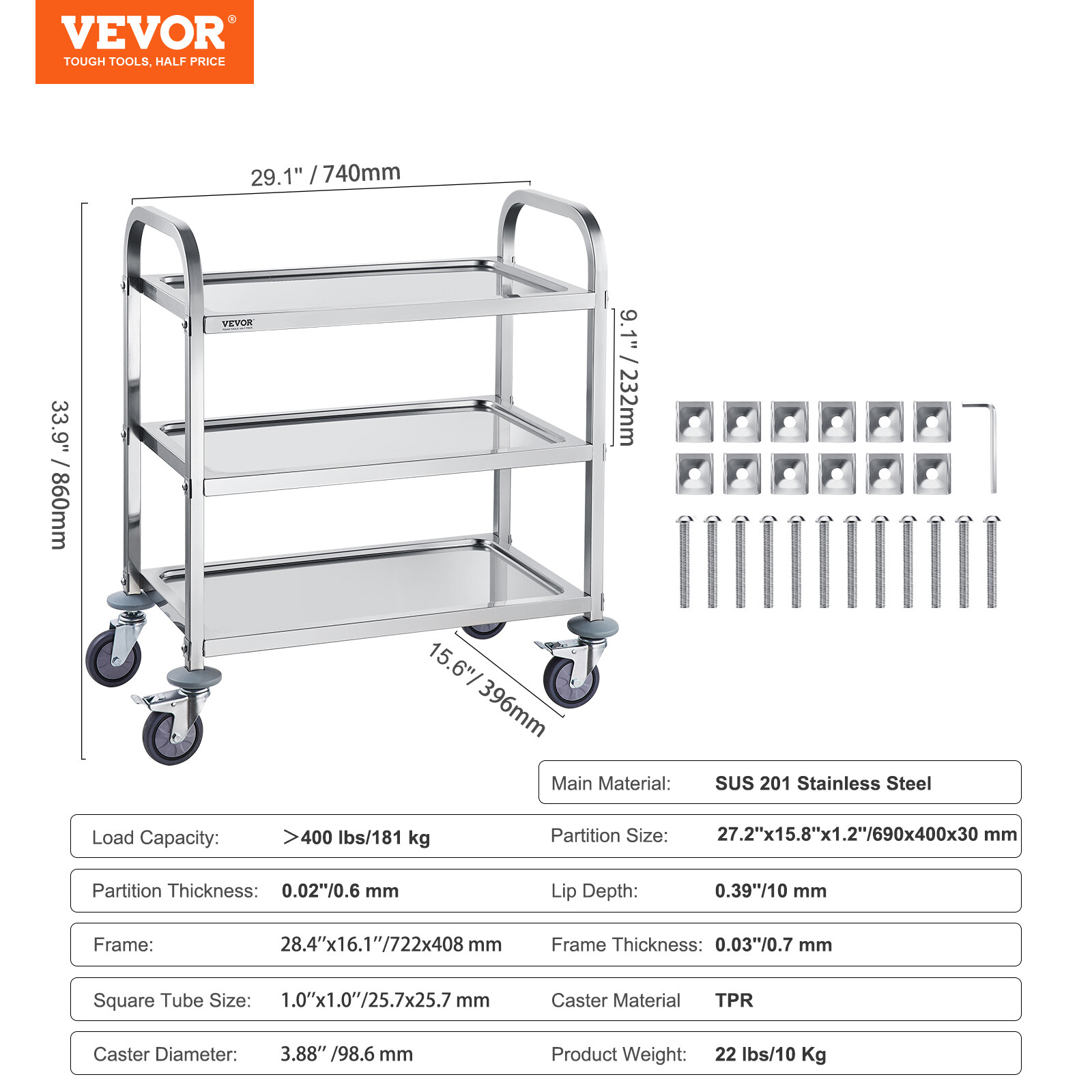 3-Tier Stainless Steel Medical Cart Mobile Trolley 400 lbs for Lab Clinic