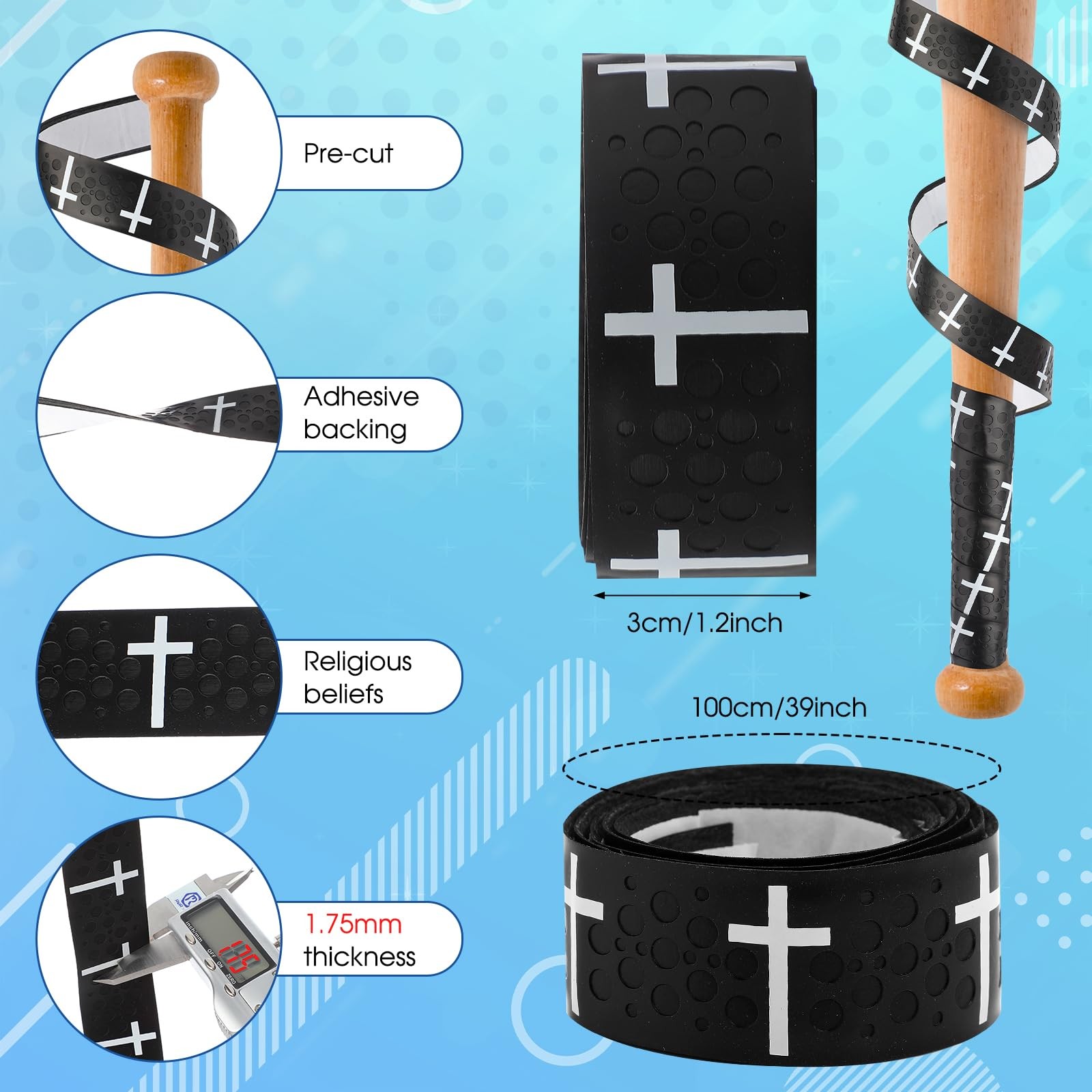 Cross Baseball Bat Grip Tape 1.75mm Precut - Full Adhesive 40", Black