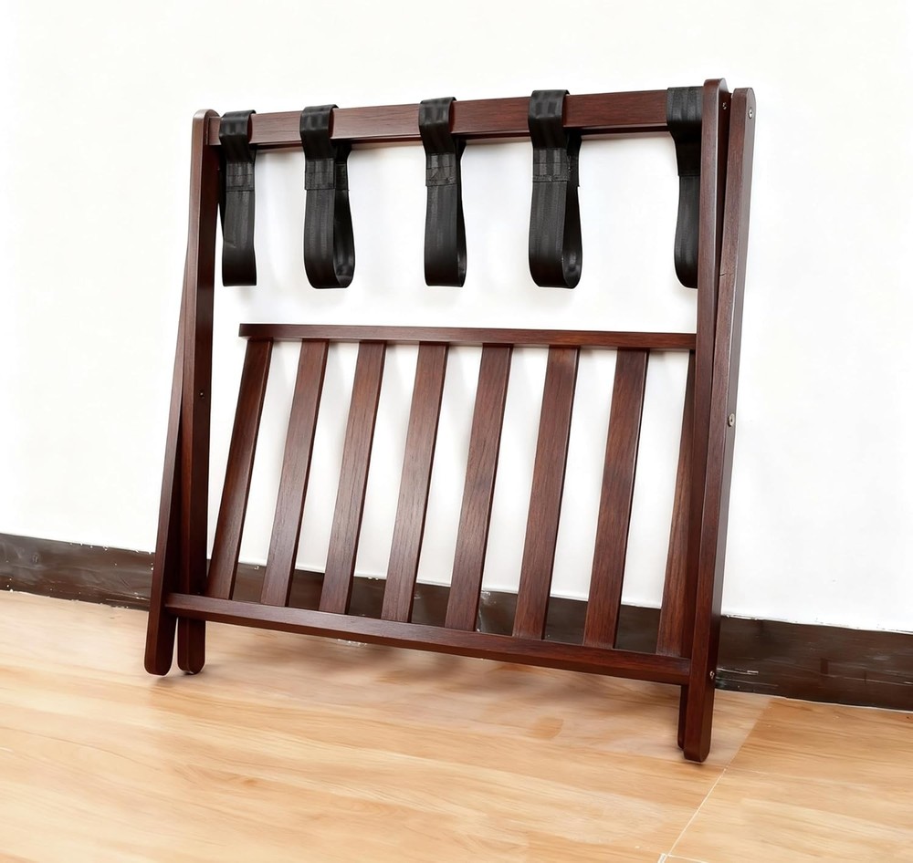 Stylish Solid Wood Luggage Rack with Shelf Foldable Suitcase Stand w/ Storage