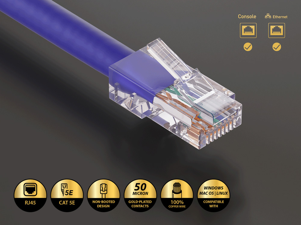 5ft Cat5e UTP Non-Booted Ethernet Network Patch Cable 24AWG Bare Copper, Purple