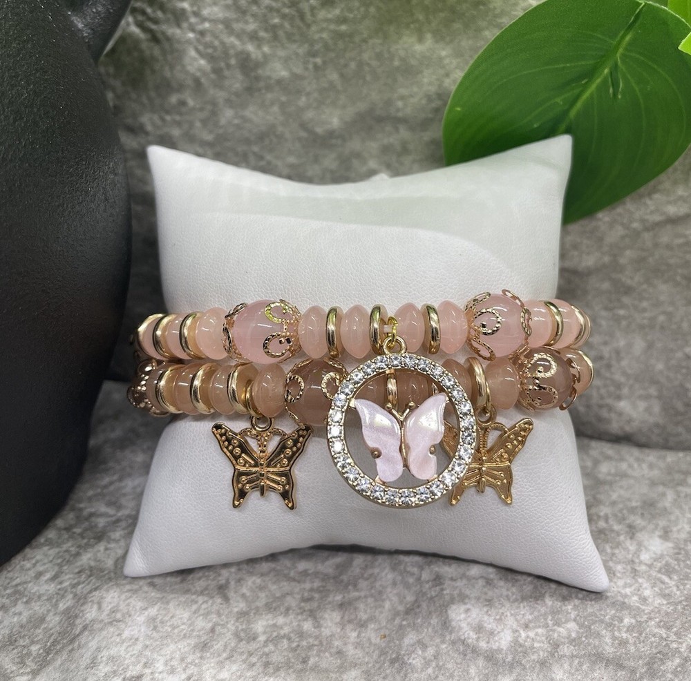 2 PC Handmade Boho Beaded Stackable 6.5” Plus Stretch Bracelet Set New B1179