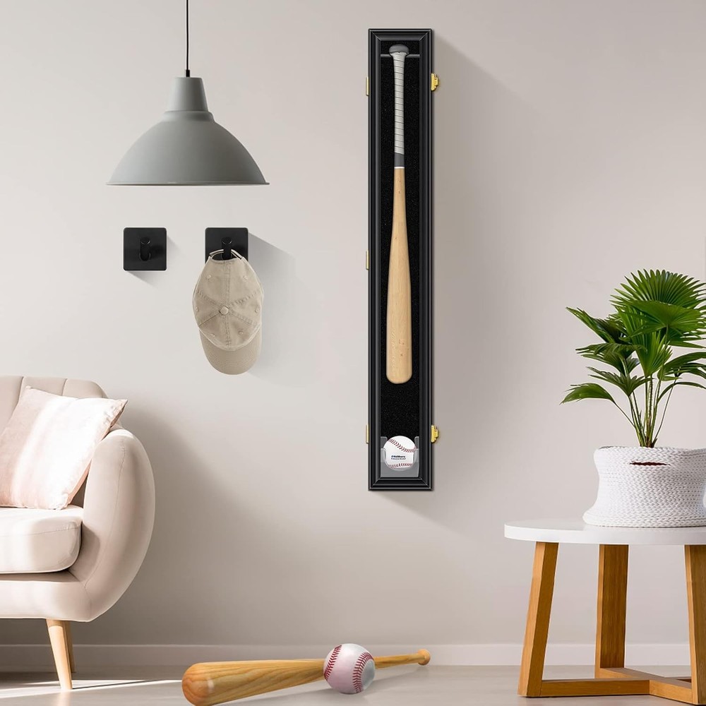 Baseball Bat Display Case Wall Mounted Vertical or 1 bat display, Black