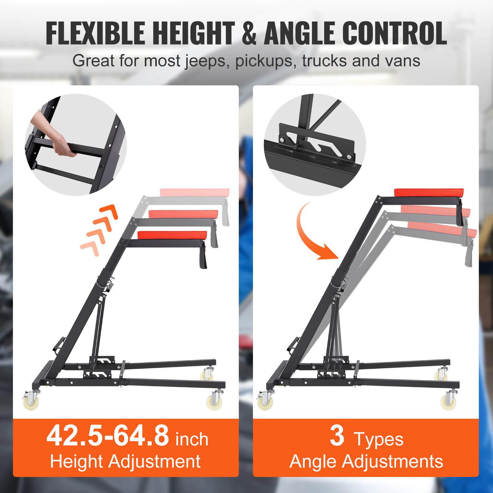 VEVOR Automotive Topside Creeper 400LBS Adjustable Height Movable with 4 Wheels