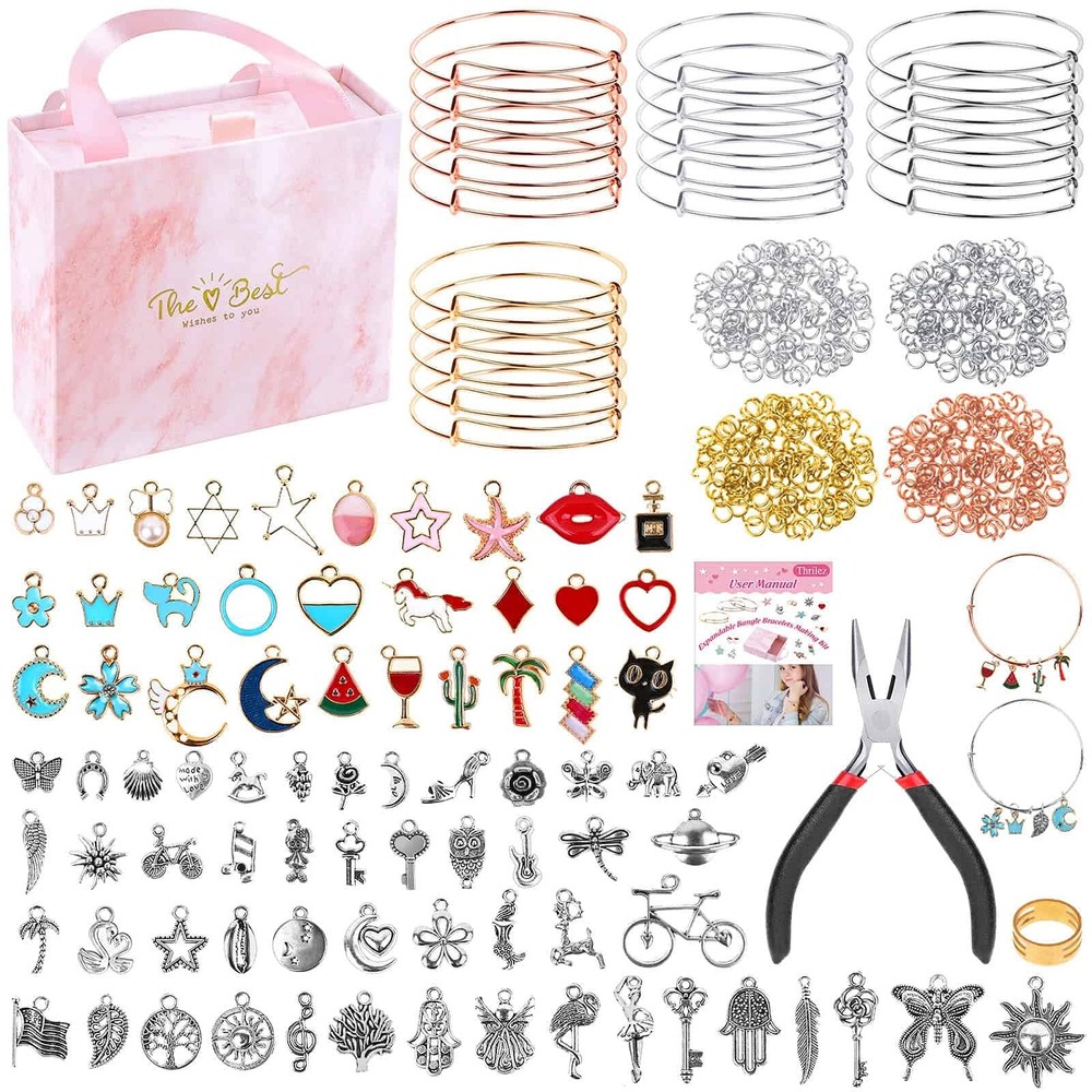 Thrilez 300Pcs Charm Bangle Bracelets Making Kit Adjustable, multicolored