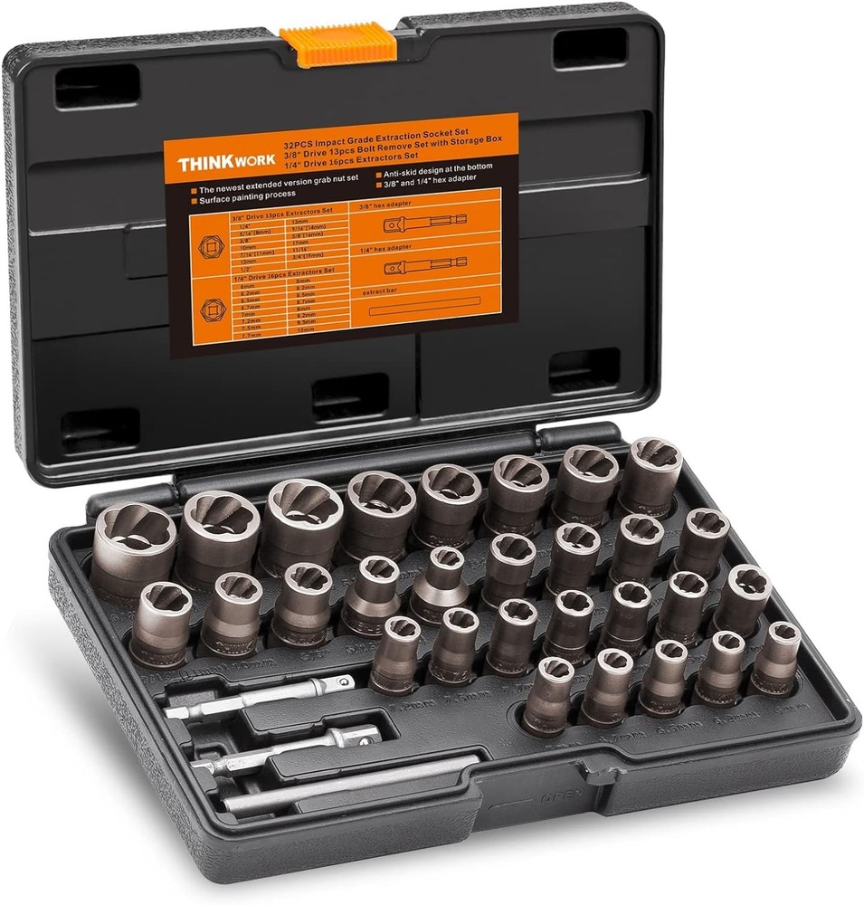 Bolt Extractor Kit, 32-Piece Nut Extractor Socket Set, 1/4" & 3/8" Drive Roun...