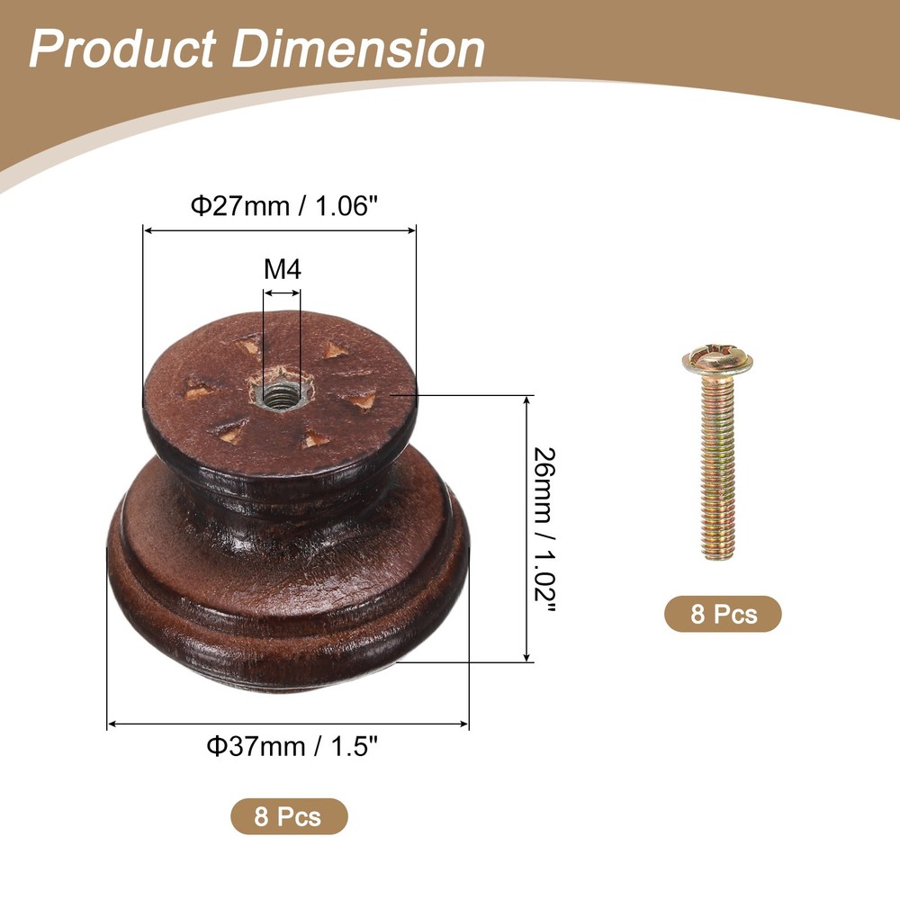 8pcs Wooden Knobs, 37mm/1.5" Mushroom Shape Single Hole Drawer, Dark Brown