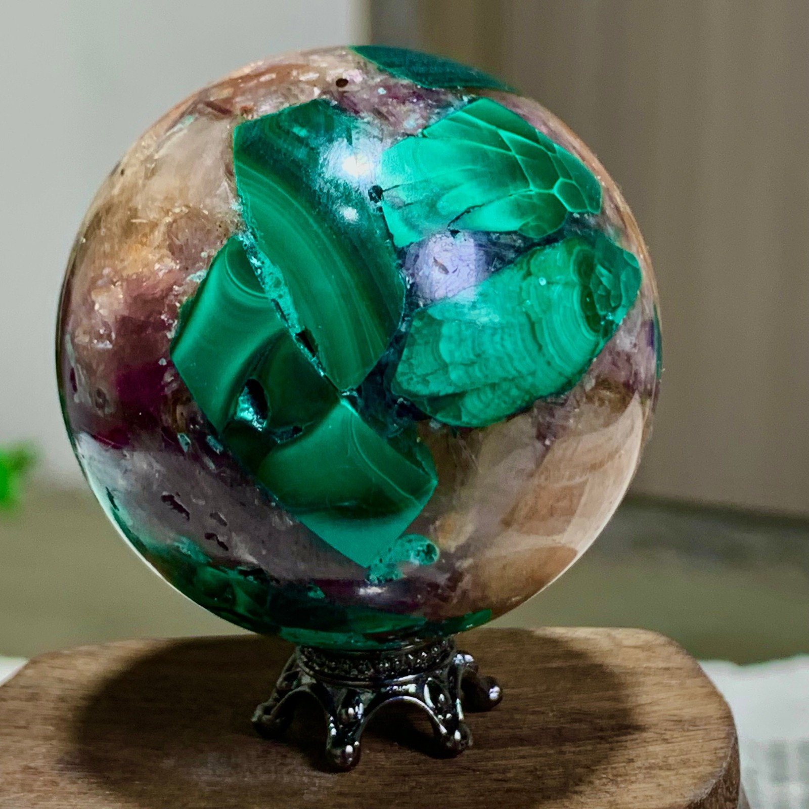 105G Newly discovered rare malachite purple mica symbiotic sphere restoration