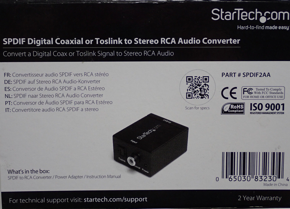 1 - StarTech.com SPDIF2AA Digital Coaxial or Toslink Optical to Stereo RCA