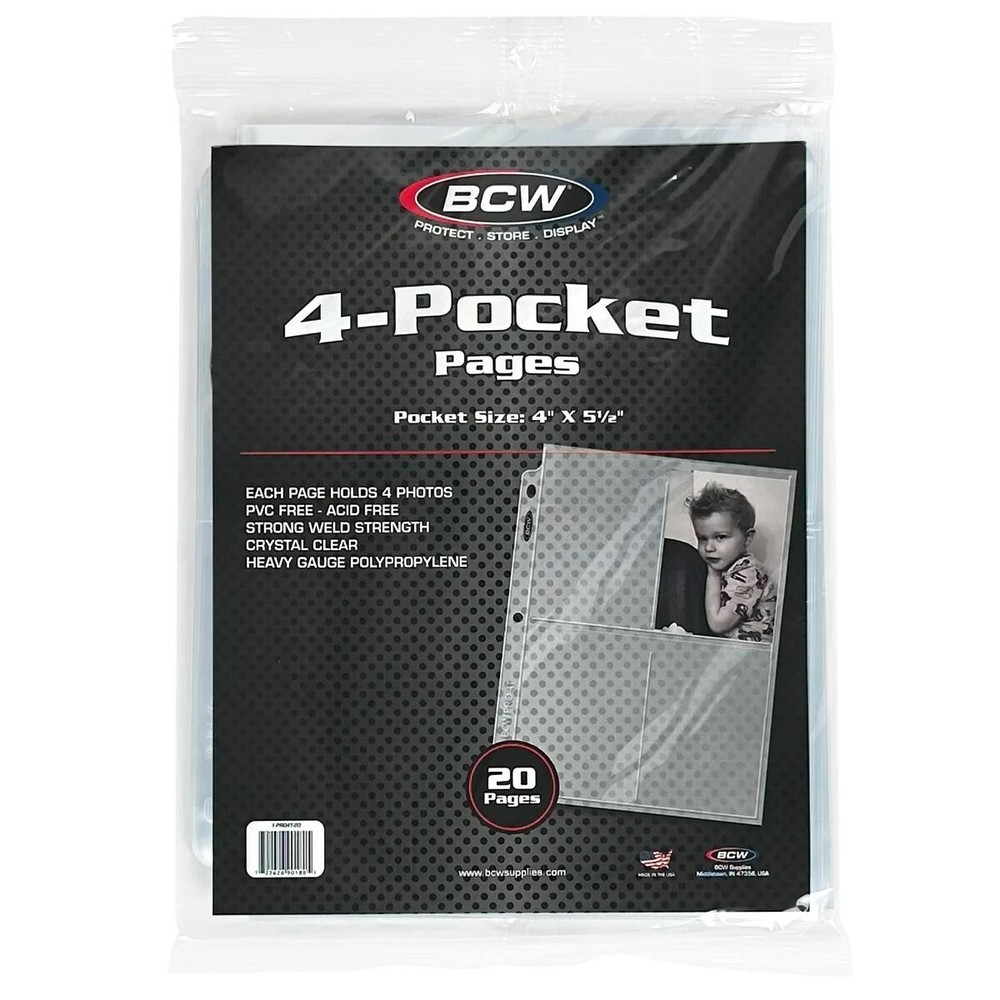 (20) BCW Pro 4-Pocket Crystal Clear Photo Protective Page Holds 4x5-1/2"
