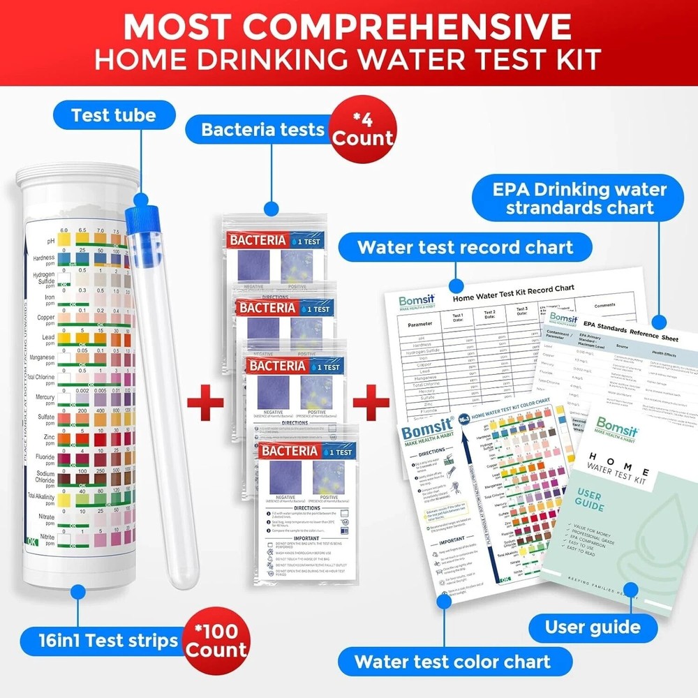 17 in 1 Home Drinking Water Testing Kit - 100 Strips + 4 Bacteria Tests
